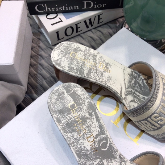 Dior Women Shoes DWAY HEELED SLIDE Embroidered Cotton Luxury Brand Womens Sandals Slippers with Original Box KCQ244ERC_S56B