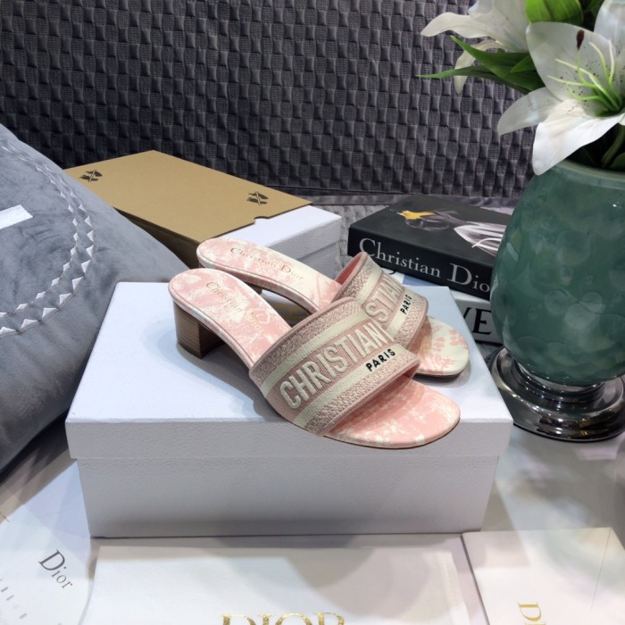 Dior Women Shoes DWAY HEELED SLIDE Embroidered Cotton Luxury Brand Womens Sandals Slippers with Original Box KCQ244ERC_S56B