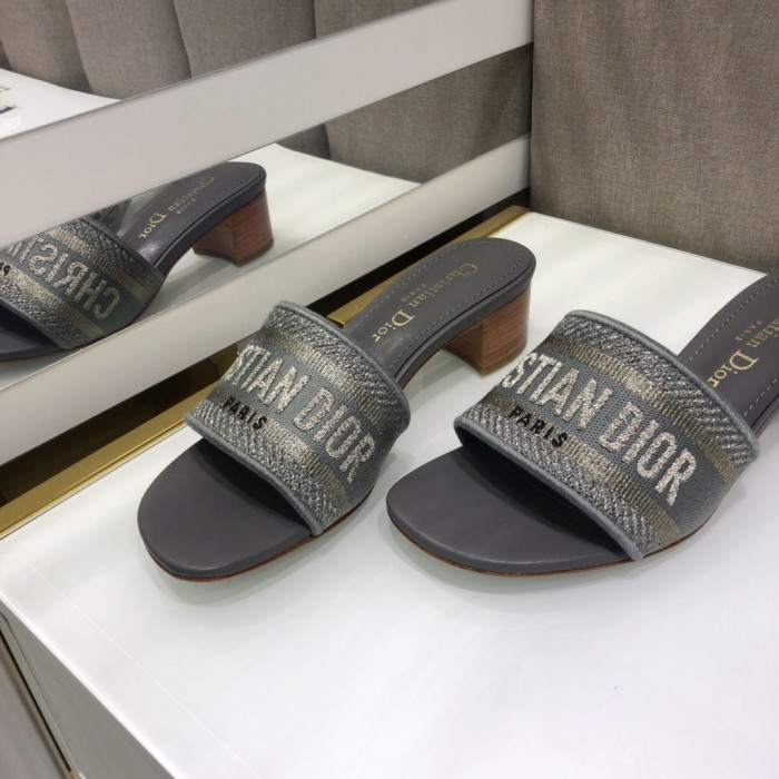 Dior Women Shoes DWAY HEELED SLIDE Embroidered Cotton Luxury Brand Womens Sandals Slippers with Original Box KCQ244ERC_S56B