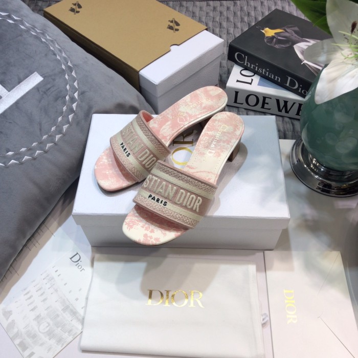 Dior Women Shoes DWAY HEELED SLIDE Embroidered Cotton Luxury Brand Womens Sandals Slippers with Original Box KCQ244ERC_S56B