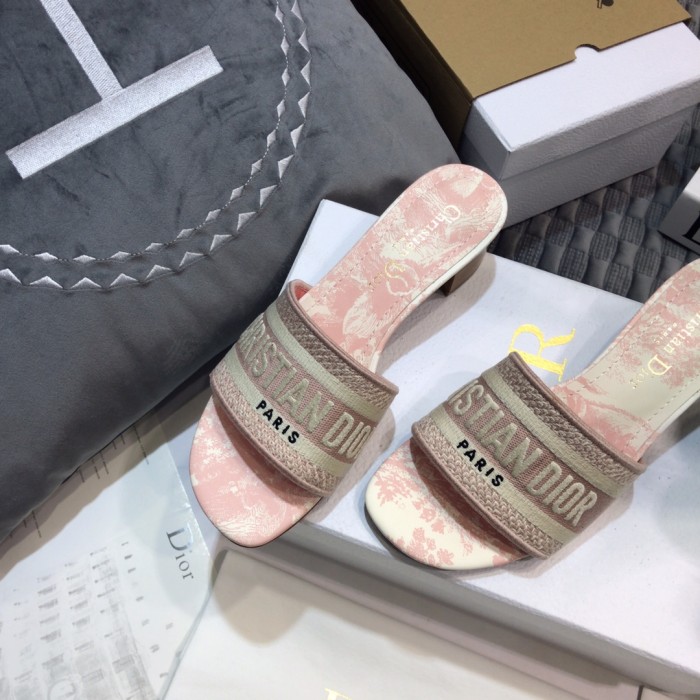 Dior Women Shoes DWAY HEELED SLIDE Embroidered Cotton Luxury Brand Womens Sandals Slippers with Original Box KCQ244ERC_S56B