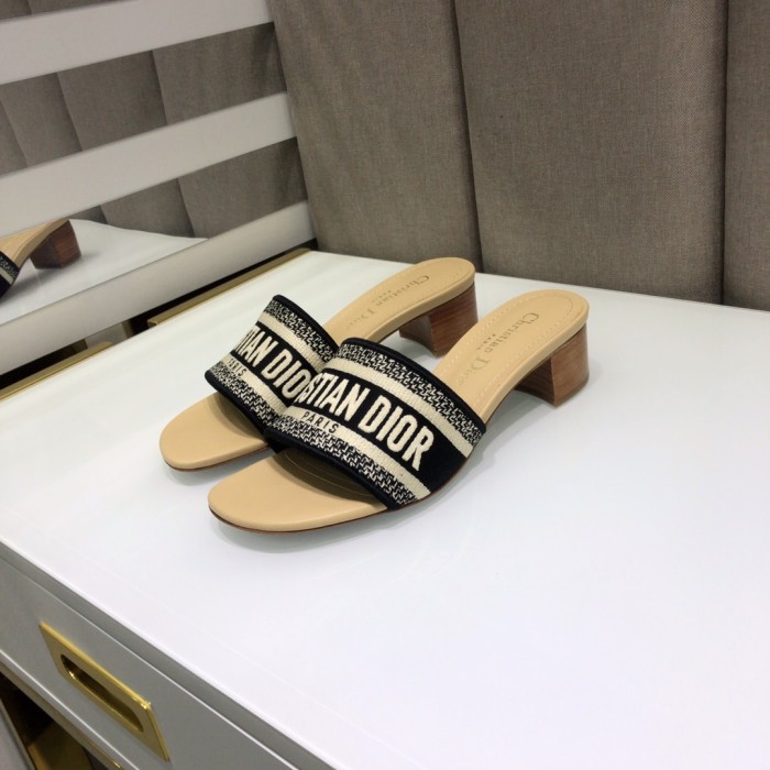 Dior Women Shoes DWAY HEELED SLIDE Embroidered Cotton Luxury Brand Womens Sandals Slippers with Original Box KCQ244ERC_S56B