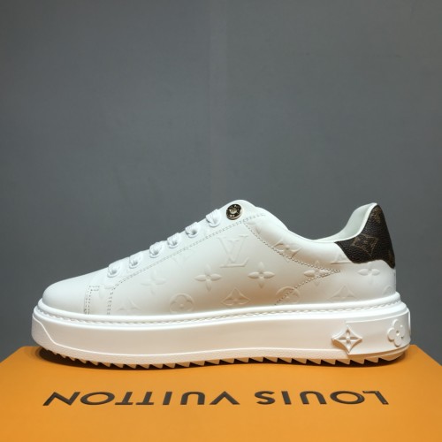 Louis Vuitton Mens Shoes Sneakers Lace-Up Luxury Brand Fashion TIME OUT SNEAKER White Monogram-debossed calf leather with Original Box 1AAE5V