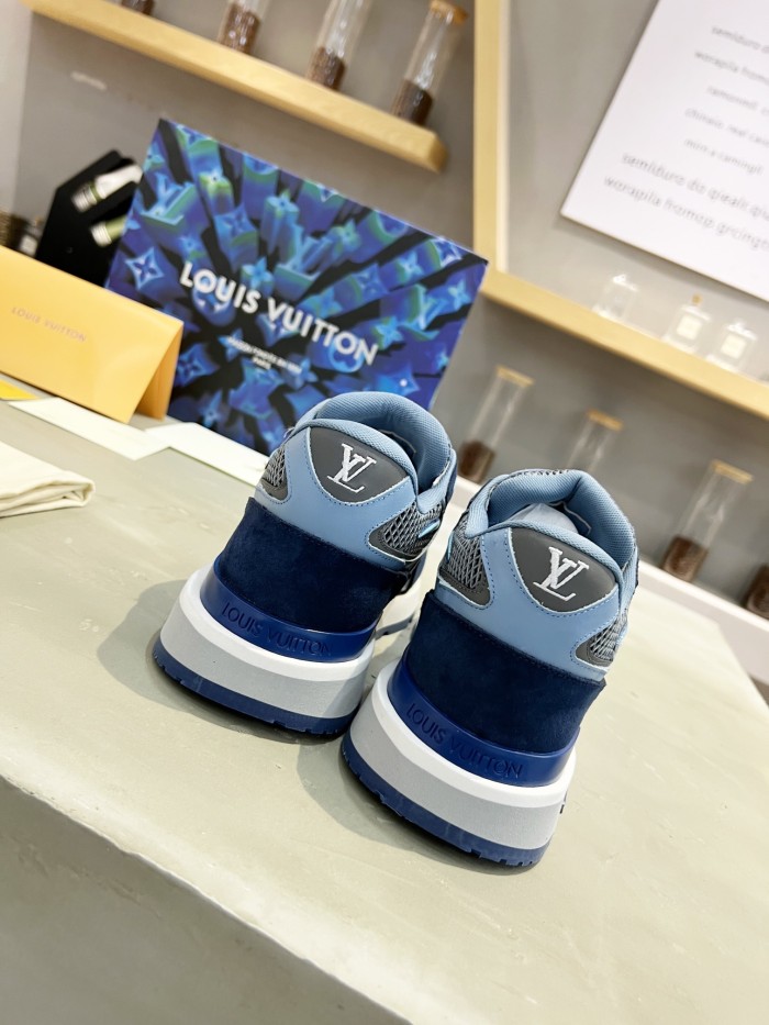 Louis Vuitton Men Shoes Sports RUN AWAY SNEAKER Running Design Luxury Brand with Original Box Blue Mesh and suede calf leather 1A9J0M