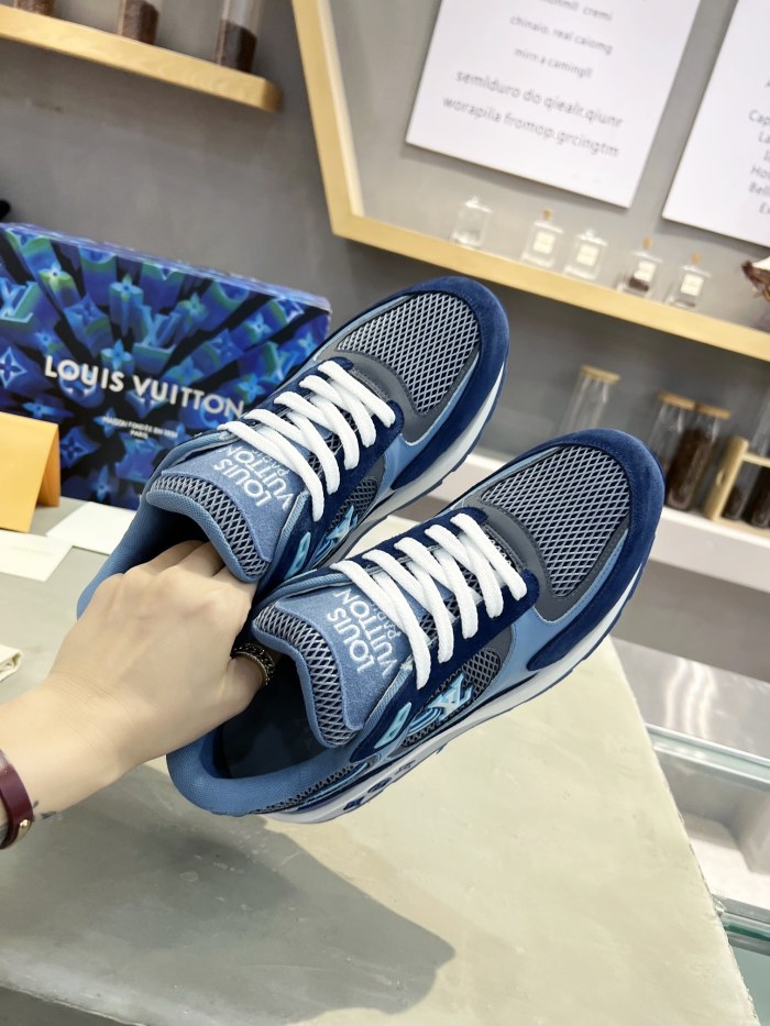 Louis Vuitton Men Shoes Sports RUN AWAY SNEAKER Running Design Luxury Brand with Original Box Blue Mesh and suede calf leather 1A9J0M
