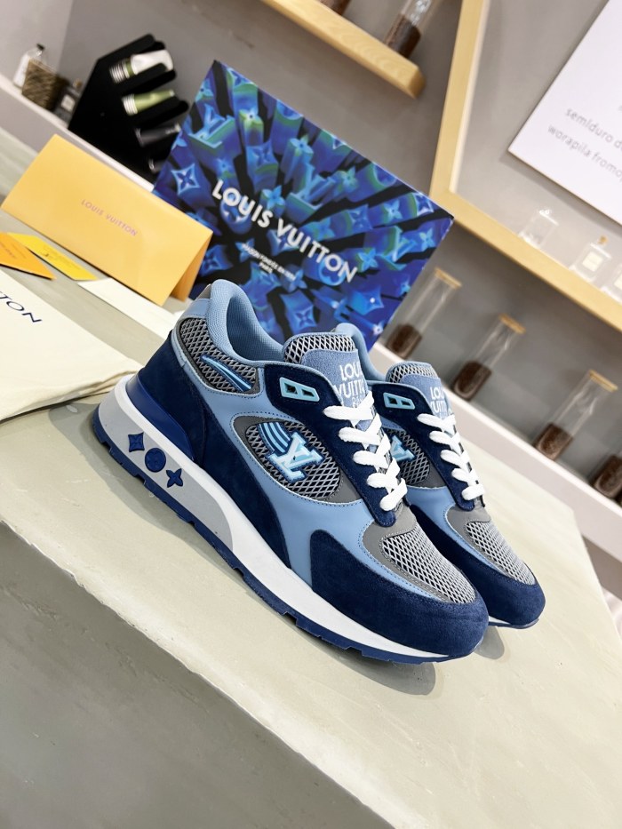 Louis Vuitton Men Shoes Sports RUN AWAY SNEAKER Running Design Luxury Brand with Original Box Blue Mesh and suede calf leather 1A9J0M