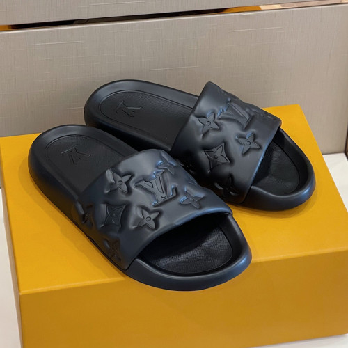 Louis Vuitton Mens Shoes Slippers Sandals Flip Flop Luxury Brand WATERFRONT MULE Black Monogram-embossed rubber with Original Box 1A9FKW