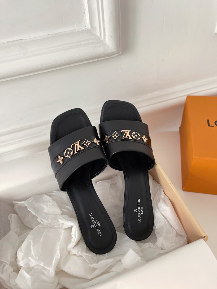 Louis Vuitton Womens Shoes Sandals Slippers Luxury Brand REVIVAL MULE 1A8W1Q Black Calf leather and glazed calf leather with Original Box 5.5cm Heel
