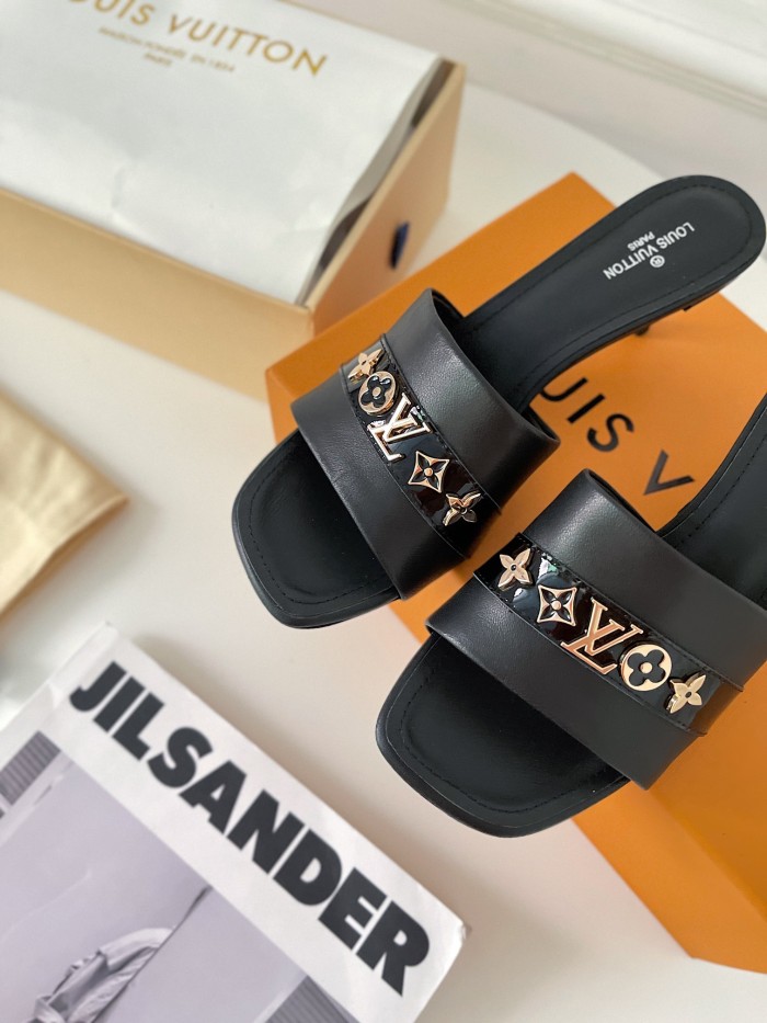 Louis Vuitton Womens Shoes Sandals Slippers Luxury Brand REVIVAL MULE 1A8W1Q Black Calf leather and glazed calf leather with Original Box 5.5cm Heel