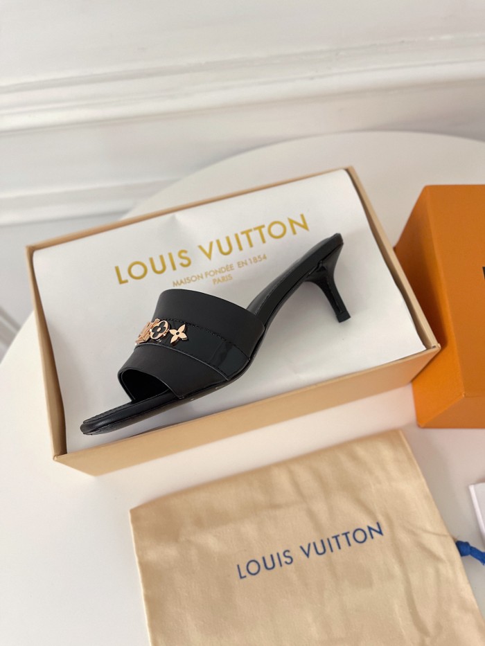 Louis Vuitton Womens Shoes Sandals Slippers Luxury Brand REVIVAL MULE 1A8W1Q Black Calf leather and glazed calf leather with Original Box 5.5cm Heel