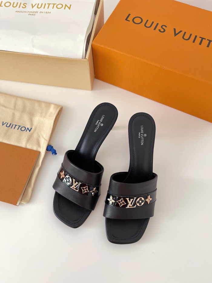Louis Vuitton Womens Shoes Sandals Slippers Luxury Brand REVIVAL MULE 1A8W1Q Black Calf leather and glazed calf leather with Original Box 5.5cm Heel