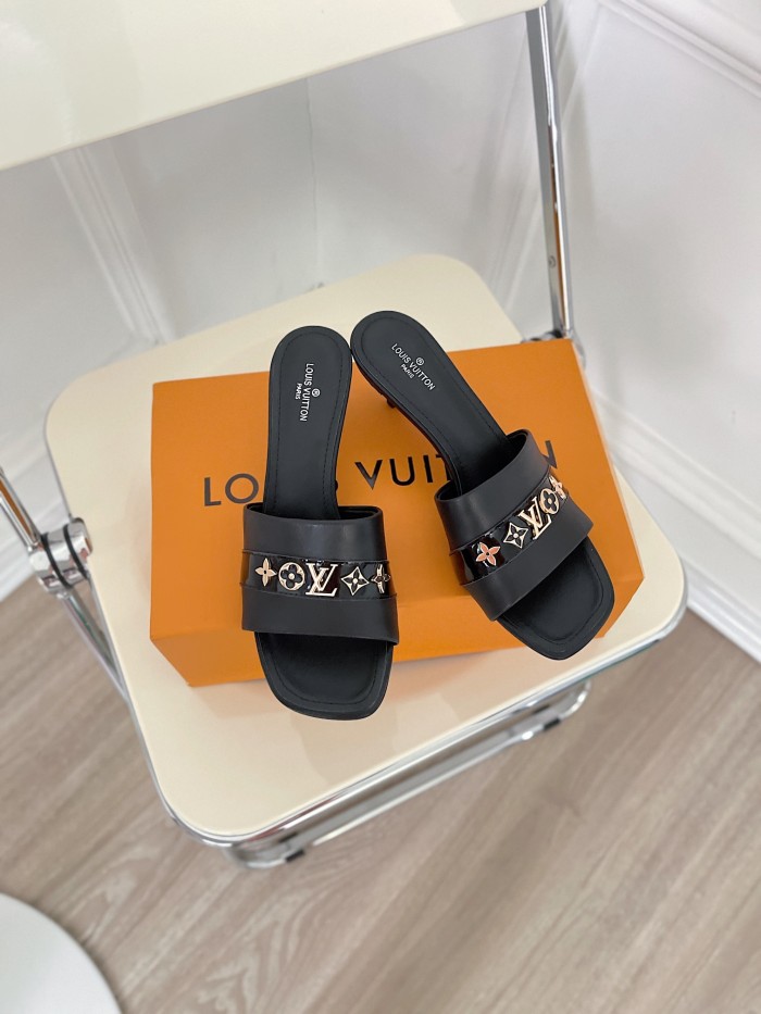 Louis Vuitton Womens Shoes Sandals Slippers Luxury Brand REVIVAL MULE 1A8W1Q Black Calf leather and glazed calf leather with Original Box 5.5cm Heel