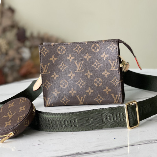 Louis Vuitton Womens Shoulder Bags Clutch Luxury Brand Fashion Type Toiletry Pouch Size 15 Beige M47546 Monogram and Green Strap with Original Box
