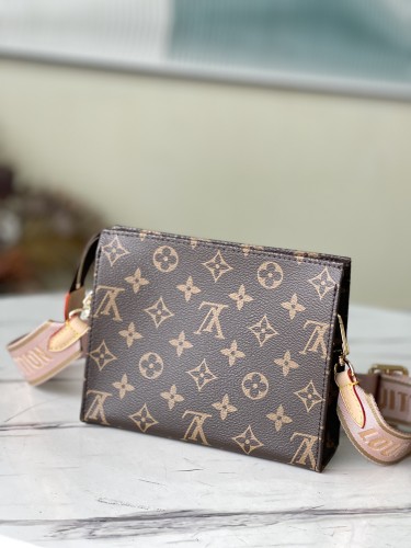 Louis Vuitton Womens Shoulder Bags Clutch Luxury Brand Fashion Type Toiletry Pouch Size 15 Beige M47546 Monogram and Pink Strap with Original Box