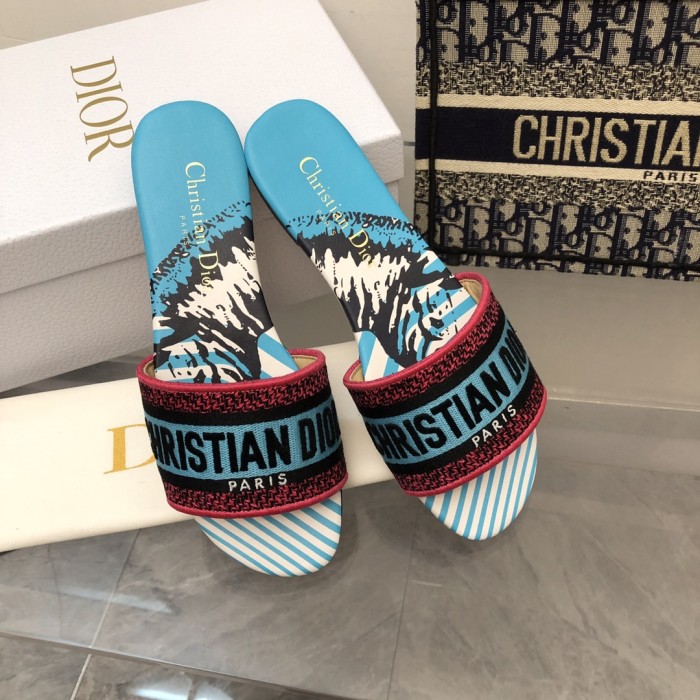 Dior Women Shoes DWAY HEELED SLIDE Embroidered Cotton Luxury Brand Womens Sandals Slippers with Original Box KCQ244ERC_S56B