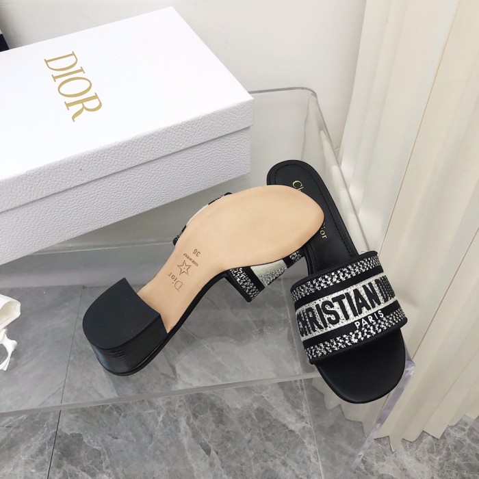 Dior Women Shoes DWAY HEELED SLIDE Embroidered Cotton Luxury Brand Womens Sandals Slippers with Original Box KCQ244ERC_S56B