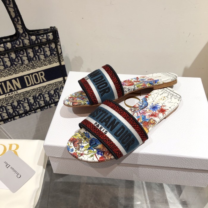 Dior Women Shoes DWAY HEELED SLIDE Embroidered Cotton Luxury Brand Womens Sandals Slippers with Original Box KCQ244ERC_S56B