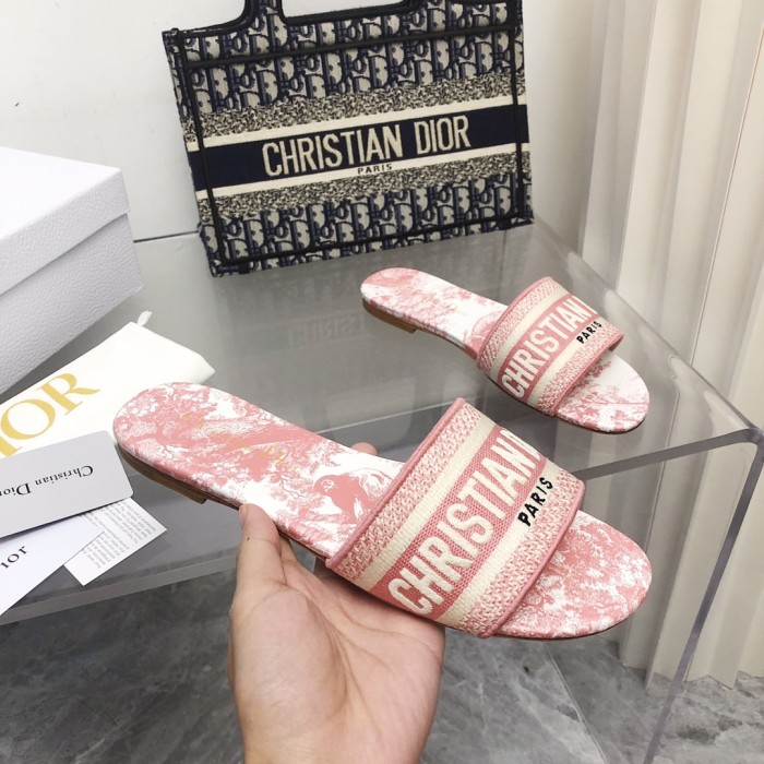 Dior Women Shoes DWAY HEELED SLIDE Embroidered Cotton Luxury Brand Womens Sandals Slippers with Original Box KCQ244ERC_S56B