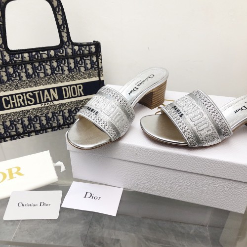 Dior Women Shoes DWAY HEELED SLIDE Embroidered Cotton Luxury Brand Womens Sandals Slippers with Original Box KCQ244ERC_S56B