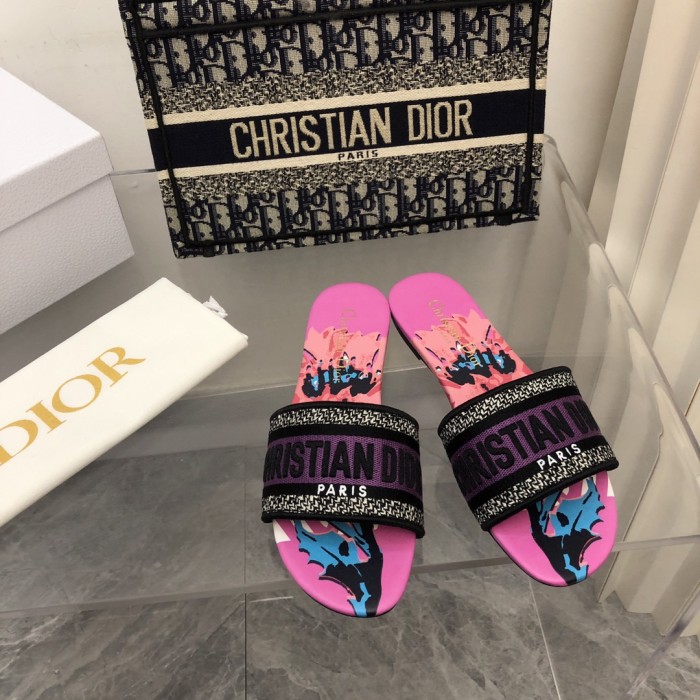 Dior Women Shoes DWAY HEELED SLIDE Embroidered Cotton Luxury Brand Womens Sandals Slippers with Original Box KCQ244ERC_S56B