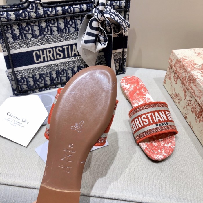 Dior Women Shoes DWAY HEELED SLIDE Embroidered Cotton Luxury Brand Womens Sandals Slippers with Original Box KCQ244ERC_S56B