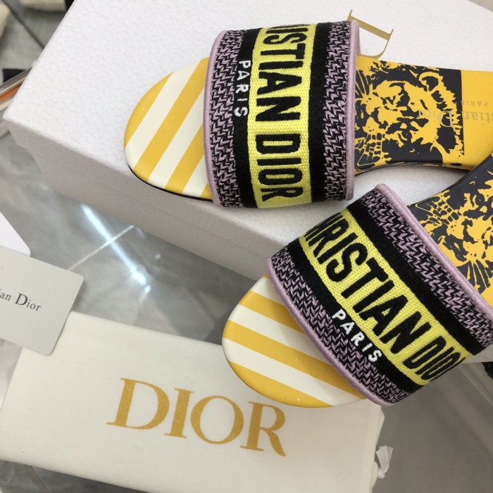 Dior Women Shoes DWAY HEELED SLIDE Embroidered Cotton Luxury Brand Womens Sandals Slippers with Original Box KCQ244ERC_S56B