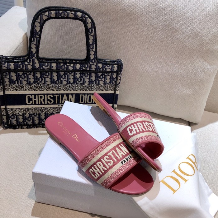 Dior Women Shoes DWAY HEELED SLIDE Embroidered Cotton Luxury Brand Womens Sandals Slippers with Original Box KCQ244ERC_S56B