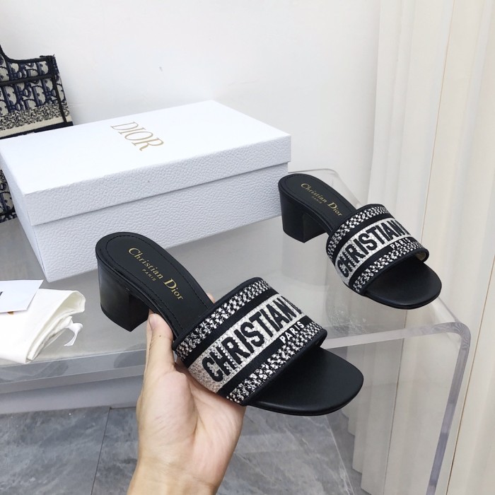 Dior Women Shoes DWAY HEELED SLIDE Embroidered Cotton Luxury Brand Womens Sandals Slippers with Original Box KCQ244ERC_S56B
