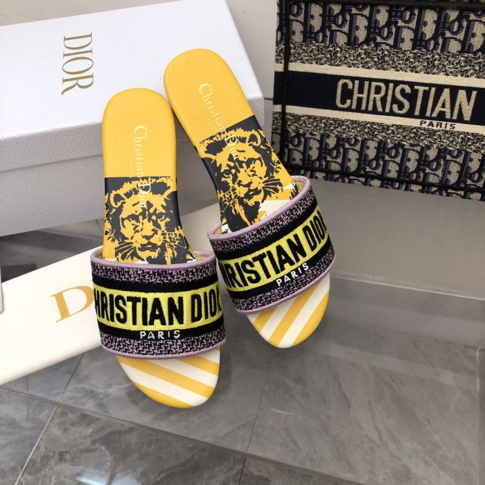 Dior Women Shoes DWAY HEELED SLIDE Embroidered Cotton Luxury Brand Womens Sandals Slippers with Original Box KCQ244ERC_S56B