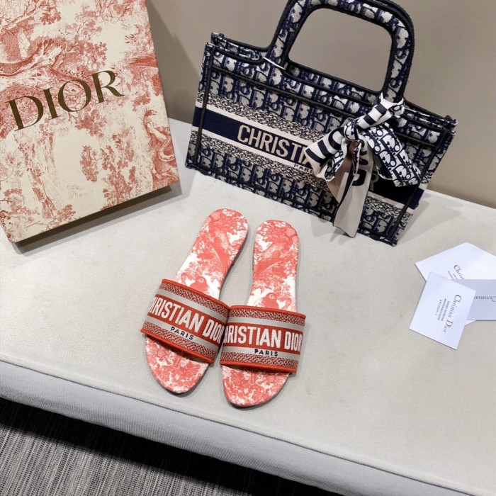 Dior Women Shoes DWAY HEELED SLIDE Embroidered Cotton Luxury Brand Womens Sandals Slippers with Original Box KCQ244ERC_S56B
