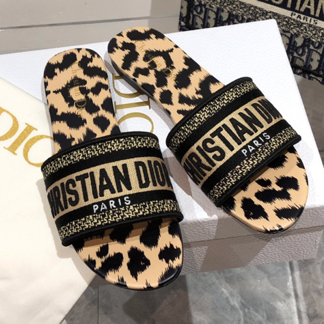 Dior Women Shoes DWAY HEELED SLIDE Embroidered Cotton Luxury Brand Womens Sandals Slippers with Original Box KCQ244ERC_S56B