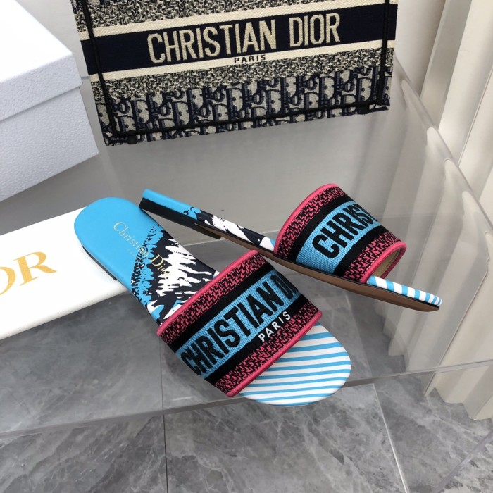 Dior Women Shoes DWAY HEELED SLIDE Embroidered Cotton Luxury Brand Womens Sandals Slippers with Original Box KCQ244ERC_S56B