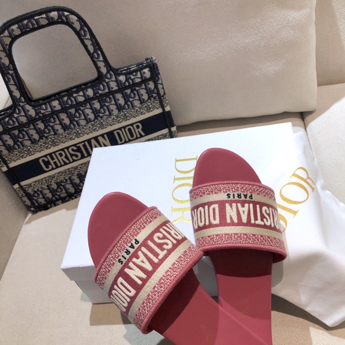 Dior Women Shoes DWAY HEELED SLIDE Embroidered Cotton Luxury Brand Womens Sandals Slippers with Original Box KCQ244ERC_S56B