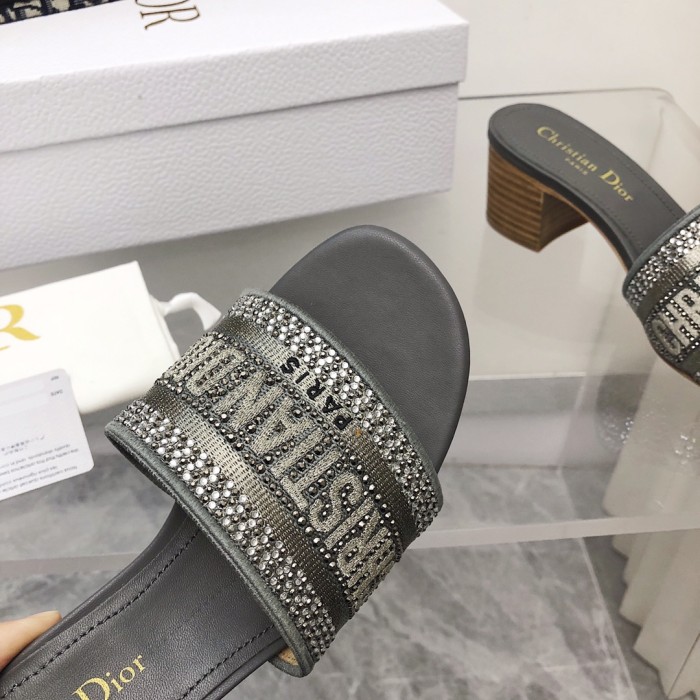 Dior Women Shoes DWAY HEELED SLIDE Embroidered Cotton Luxury Brand Womens Sandals Slippers with Original Box KCQ244ERC_S56B
