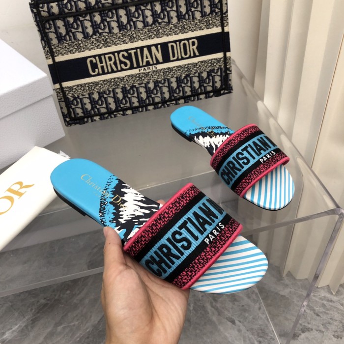 Dior Women Shoes DWAY HEELED SLIDE Embroidered Cotton Luxury Brand Womens Sandals Slippers with Original Box KCQ244ERC_S56B