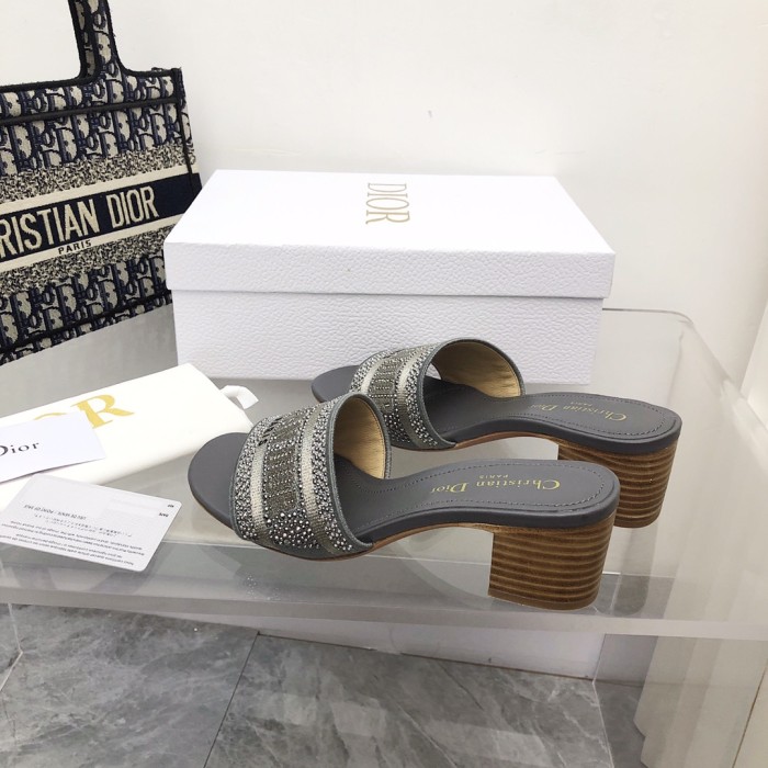 Dior Women Shoes DWAY HEELED SLIDE Embroidered Cotton Luxury Brand Womens Sandals Slippers with Original Box KCQ244ERC_S56B