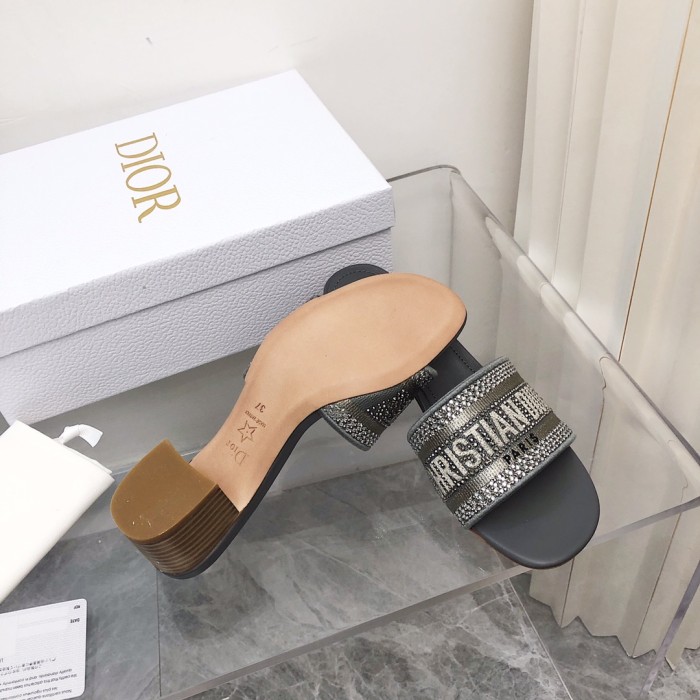 Dior Women Shoes DWAY HEELED SLIDE Embroidered Cotton Luxury Brand Womens Sandals Slippers with Original Box KCQ244ERC_S56B