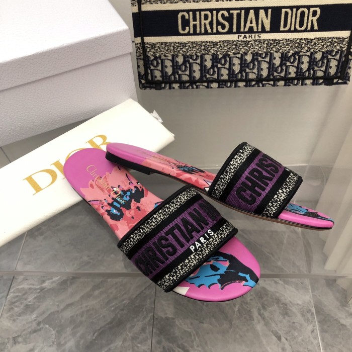 Dior Women Shoes DWAY HEELED SLIDE Embroidered Cotton Luxury Brand Womens Sandals Slippers with Original Box KCQ244ERC_S56B