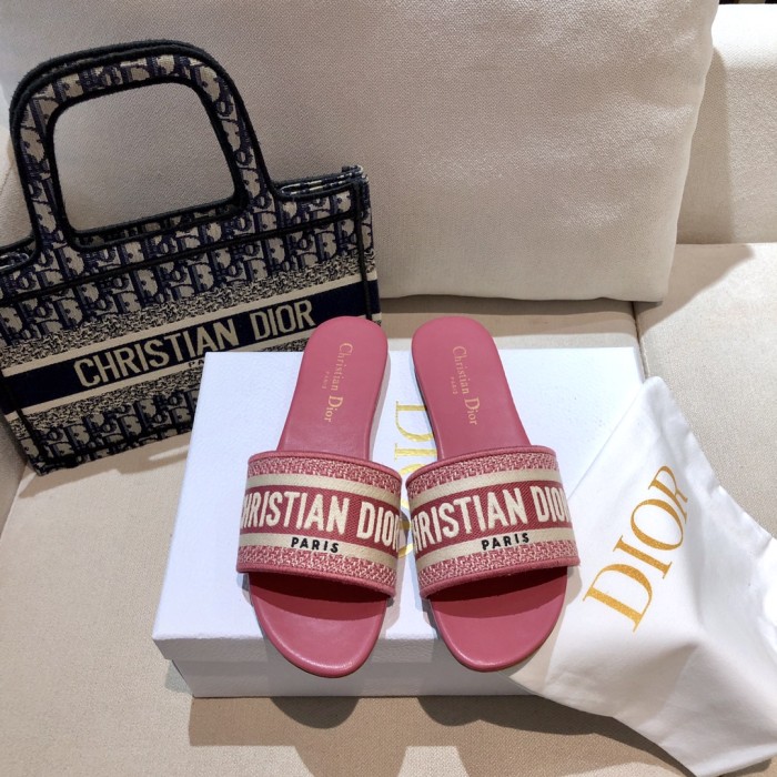 Dior Women Shoes DWAY HEELED SLIDE Embroidered Cotton Luxury Brand Womens Sandals Slippers with Original Box KCQ244ERC_S56B