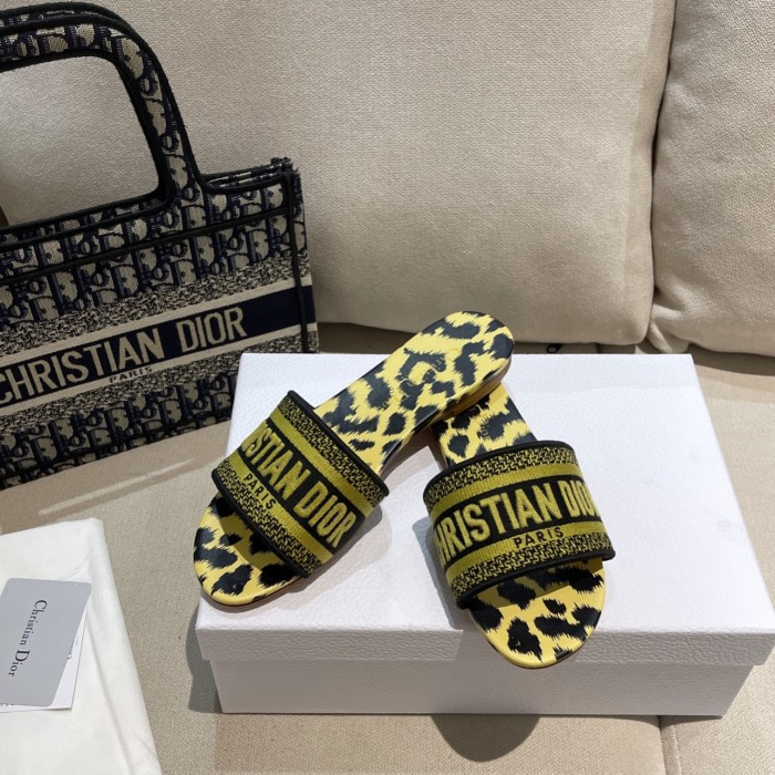 Dior Women Shoes DWAY HEELED SLIDE Embroidered Cotton Luxury Brand Womens Sandals Slippers with Original Box KCQ244ERC_S56B
