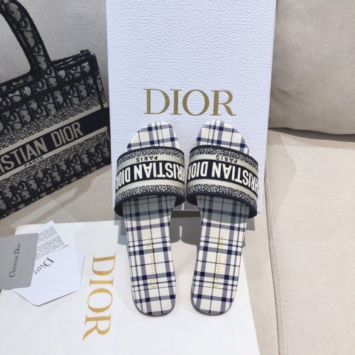 Dior Women Shoes DWAY HEELED SLIDE Embroidered Cotton Luxury Brand Womens Sandals Slippers with Original Box KCQ244ERC_S56B