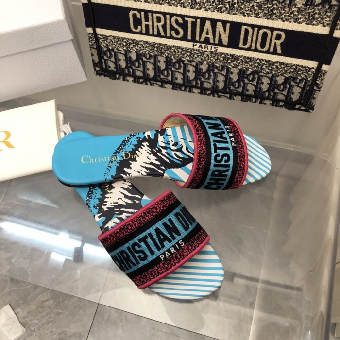 Dior Women Shoes DWAY HEELED SLIDE Embroidered Cotton Luxury Brand Womens Sandals Slippers with Original Box KCQ244ERC_S56B