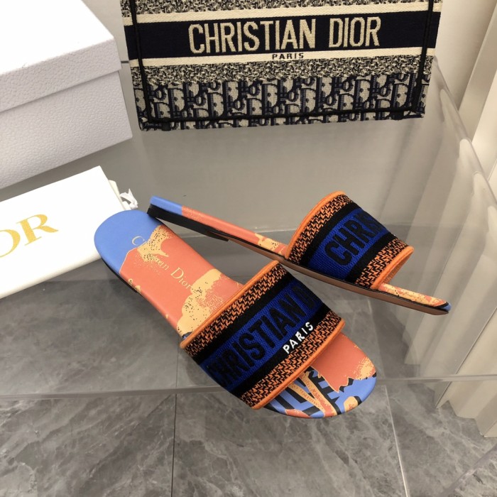 Dior Women Shoes DWAY HEELED SLIDE Embroidered Cotton Luxury Brand Womens Sandals Slippers with Original Box KCQ244ERC_S56B
