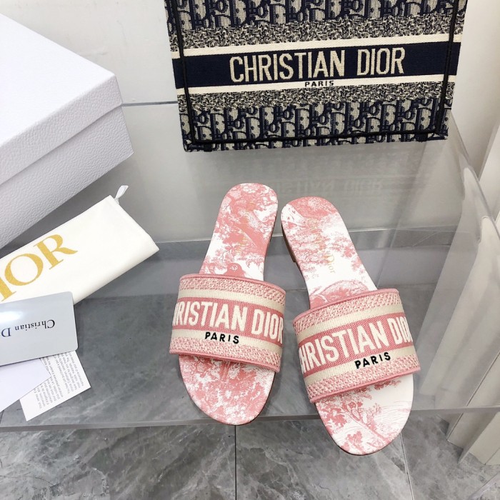 Dior Women Shoes DWAY HEELED SLIDE Embroidered Cotton Luxury Brand Womens Sandals Slippers with Original Box KCQ244ERC_S56B