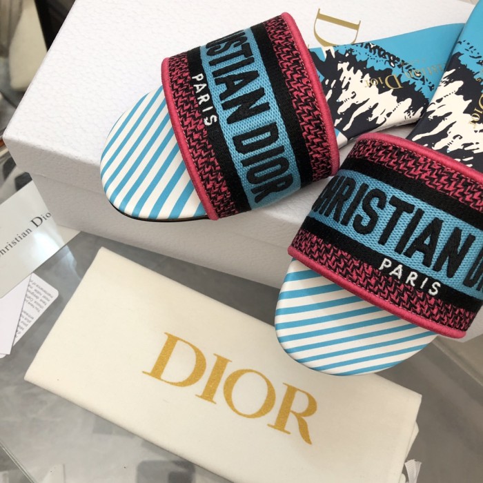 Dior Women Shoes DWAY HEELED SLIDE Embroidered Cotton Luxury Brand Womens Sandals Slippers with Original Box KCQ244ERC_S56B