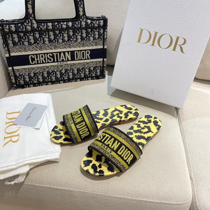 Dior Women Shoes DWAY HEELED SLIDE Embroidered Cotton Luxury Brand Womens Sandals Slippers with Original Box KCQ244ERC_S56B