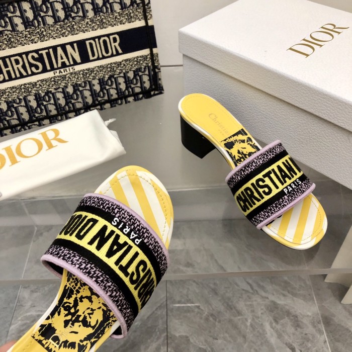 Dior Women Shoes DWAY HEELED SLIDE Embroidered Cotton Luxury Brand Womens Sandals Slippers with Original Box KCQ244ERC_S56B
