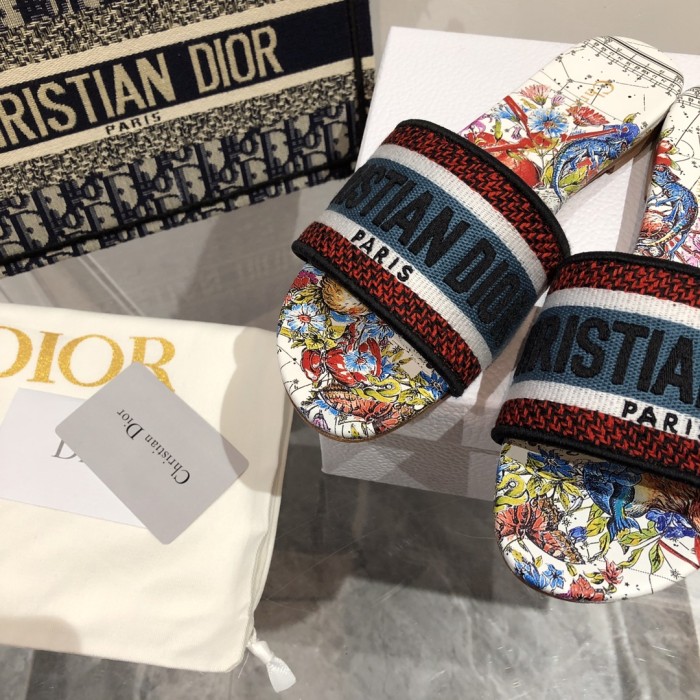 Dior Women Shoes DWAY HEELED SLIDE Embroidered Cotton Luxury Brand Womens Sandals Slippers with Original Box KCQ244ERC_S56B
