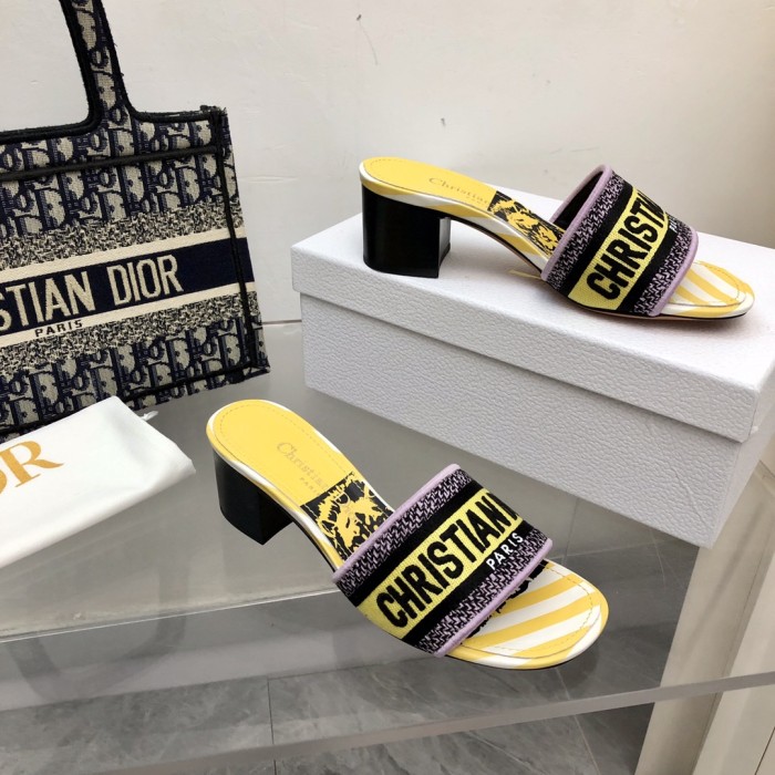 Dior Women Shoes DWAY HEELED SLIDE Embroidered Cotton Luxury Brand Womens Sandals Slippers with Original Box KCQ244ERC_S56B