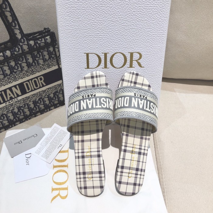 Dior Women Shoes DWAY HEELED SLIDE Embroidered Cotton Luxury Brand Womens Sandals Slippers with Original Box KCQ244ERC_S56B